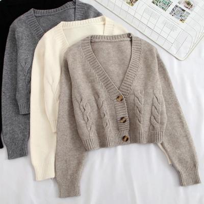 Cárdigan corto con cuello en V para mujer, suéter de punto trenzado de manga larga, abrigos para otoño e invierno, chaqueta de moda coreana abrigada