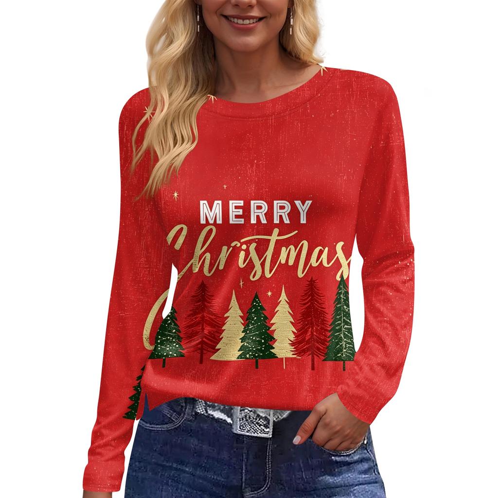 Women's Christmas Print Long Sleeve Neck Top with Side Slit Hem