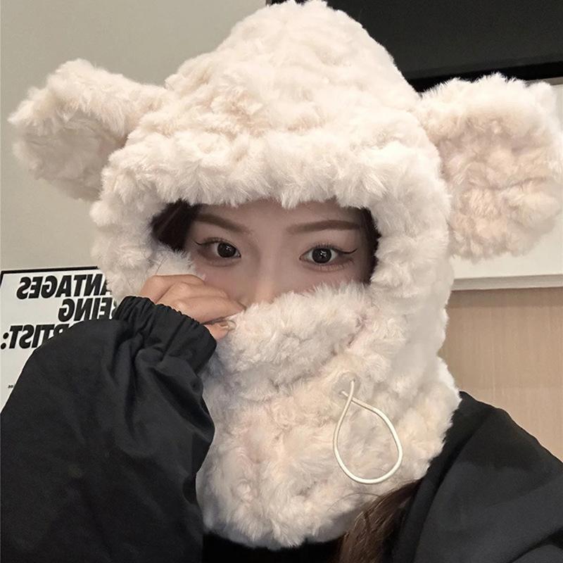 Cute Bear Plush Hat Women's Scarf Integrated Thickened Plush Cycling Cold Protection Ear Protection Korean Version Lei Feng Hat
