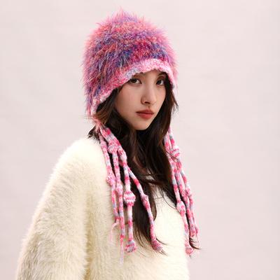 2024 Autumn/Winter New Colorful Retro Knitted Strap Lei Feng Hat Warm Striped Color Blocked Feather Yarn Ear Hat