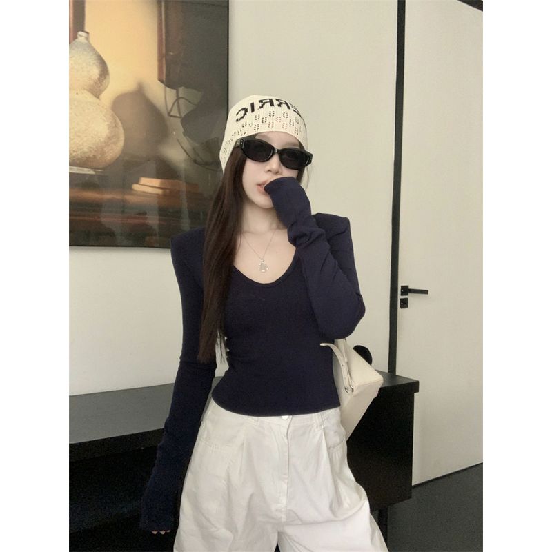 Kumikumi Pure Desire Style Sexy Temperament Pure Color Shoulder Long Sleeves T-shirt Female Fall Slim Fit Slim Fit Versatile Top