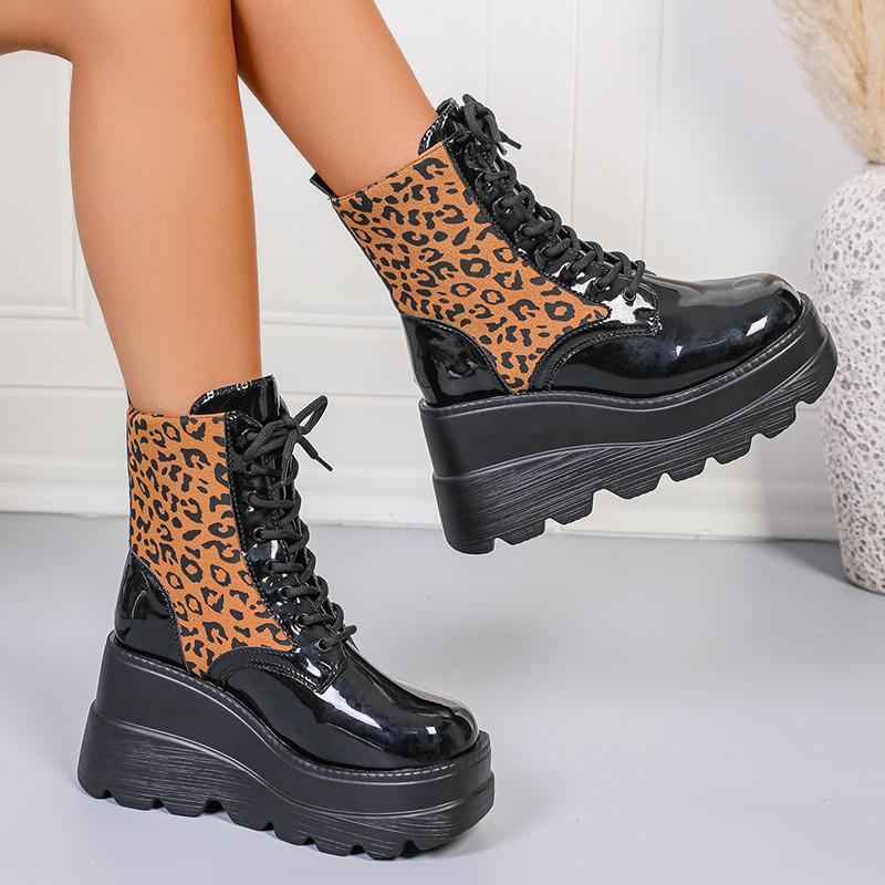 Fashion Leopard Print Wedge Ankle Boots for Women Plus Size Chunky Platform Gothic Punk Boots Woman Thick Bottom Non Slip Combat Booties