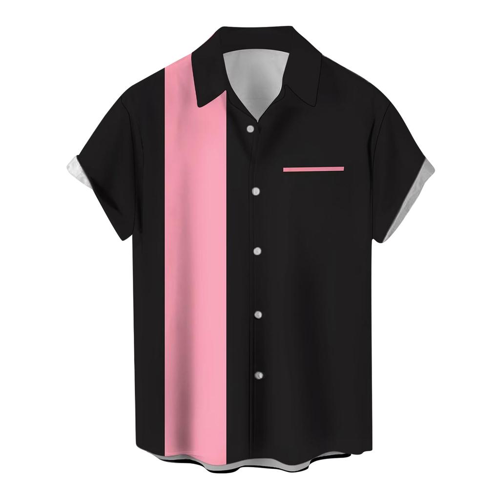 Men Short Sleeve Button Down Shirt Vertical Stripe Print Lapel Collar Casual Loose Fit Summer Top