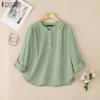 Women Casual Round Neck Adjustable Loose Long Sleeve Blouse