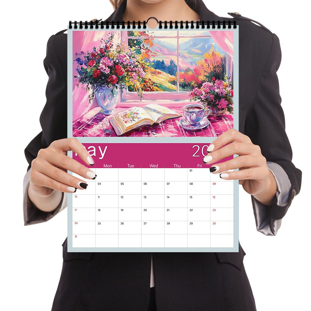 1pc Oil Painting Calendar - Landscape Theme, 12 Different Designs, Wall Calendar, Suitable As a Gift for Birthdays & Christmas