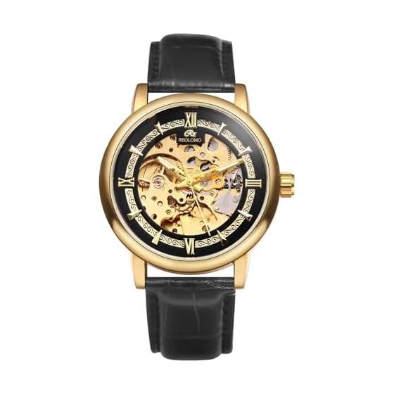 Men s Mechanical Skeleton Genuine Leather Watch: Roman Alphabet Analog Waterproof Automatic Leather Antique Black Gold Men s Accessories - Birthday