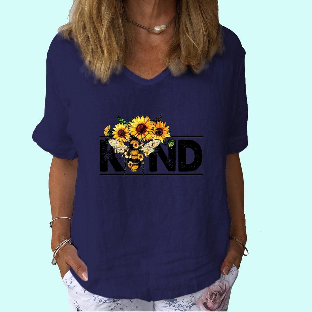 Women Fashion Short Sleeve Top Summer Casual V Collar  Shirt Ladies Print Cotton Linen T-shirt