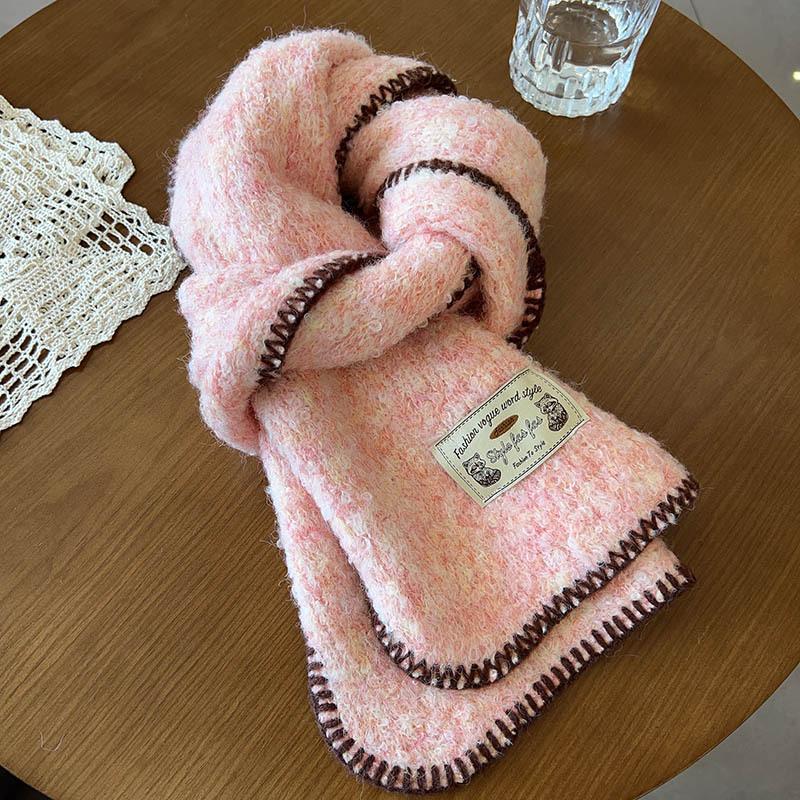 New Style Knitted Contrasting Edged Scarf for Women High End Retro Thickened and Warm Korean Version All Match Scarf for Winter