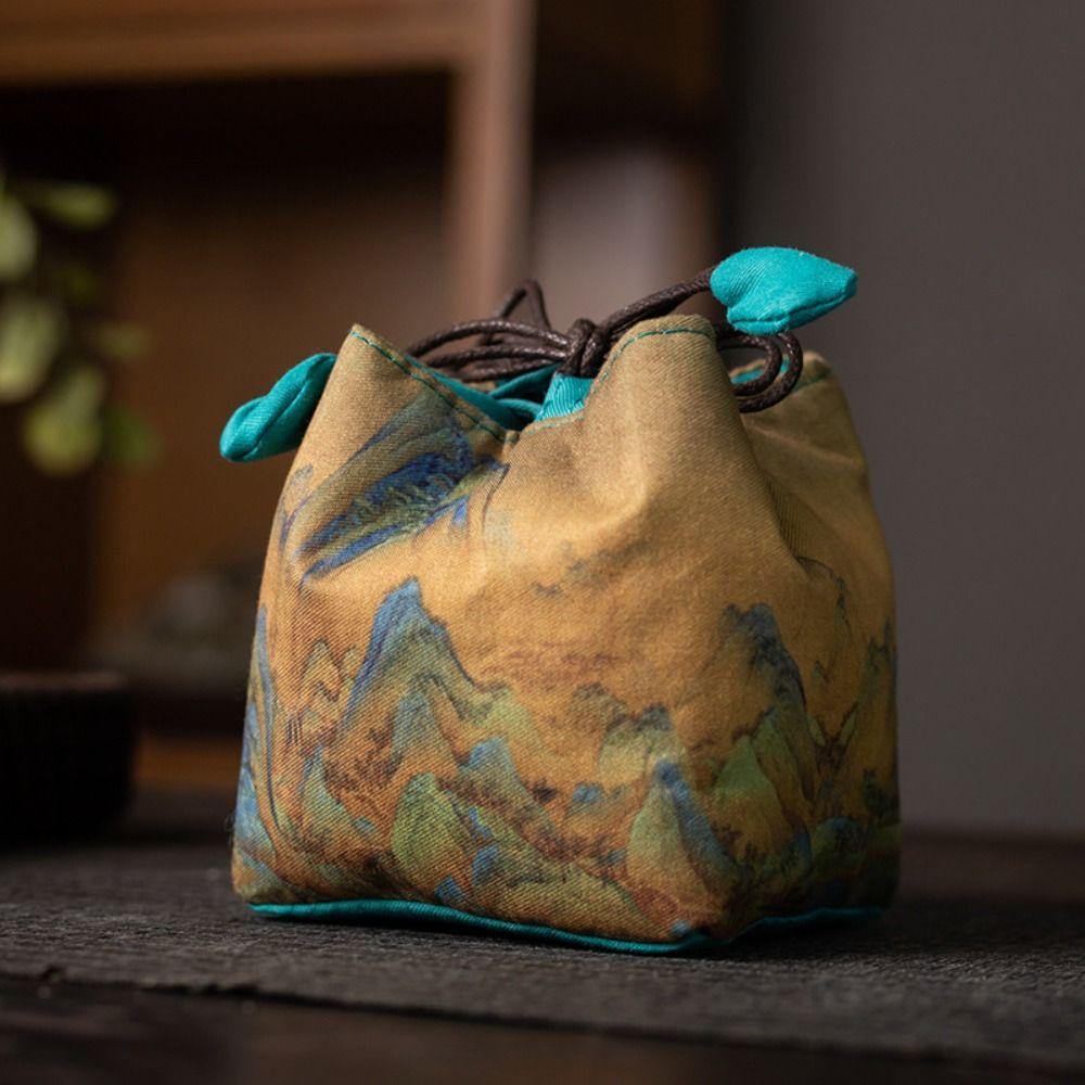 Breakage-proof Teacup Drawstring Cloth Pouch Print Embroidered Handbag Teaware Storage Bag  Purse