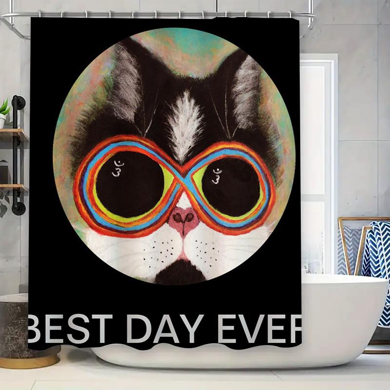 

Colorful Cat Sunglasses Shower Curtain Best Day Ever Decor For Bathroom Black Background With Whimsical Animal Print Pattern W60H190(CM)-1 Pcs