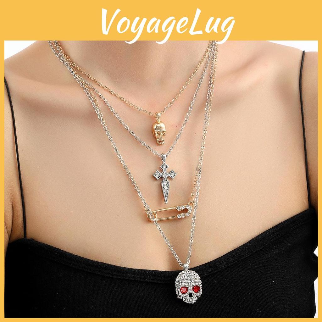 Halloween Skelett Anhänger Halskette Mit Strass und Mehrschichtiger Wasserwellen Kette Für Damen