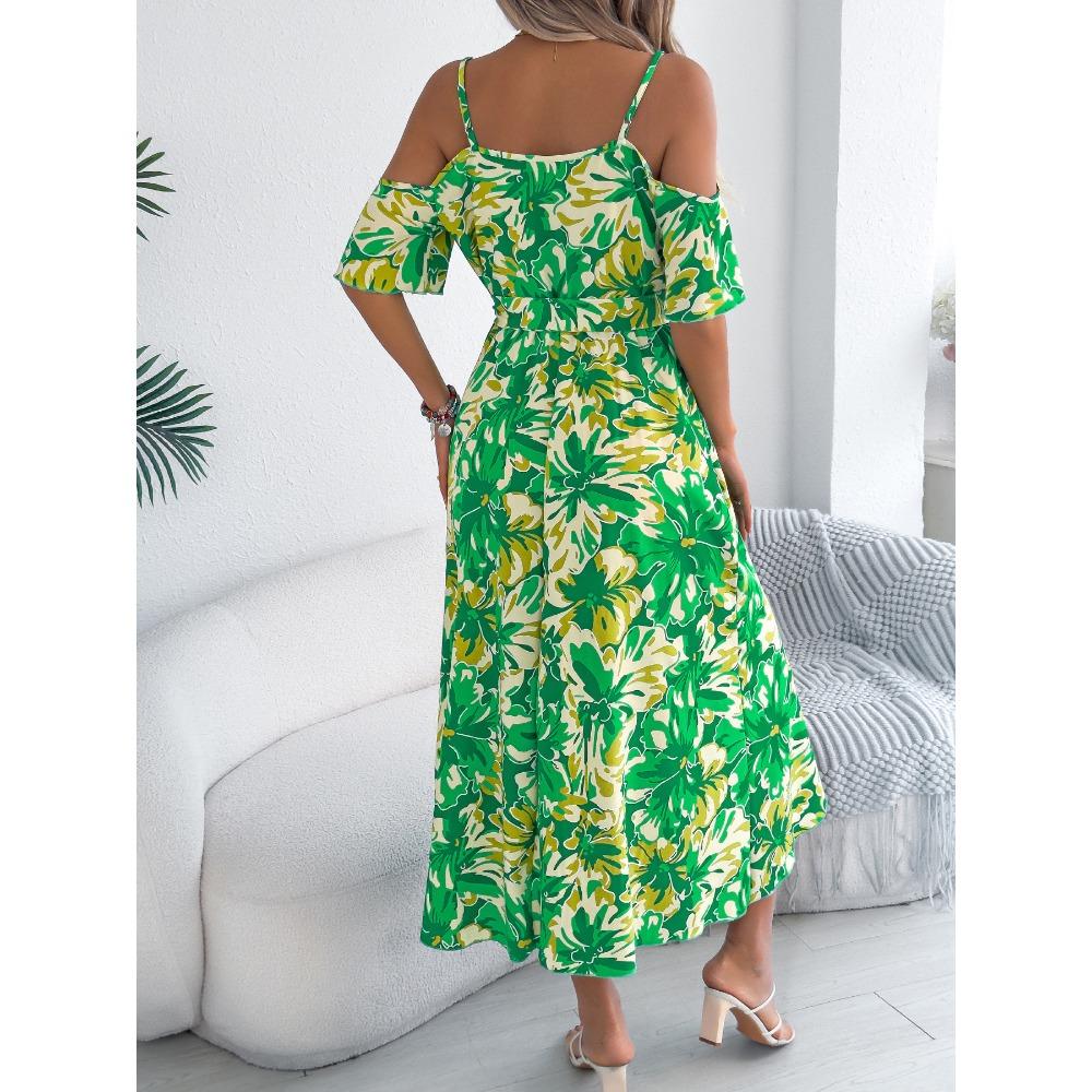 Spring Summer Strapless Cross V Neck Floral Halter Long Holiday Dresses Women
