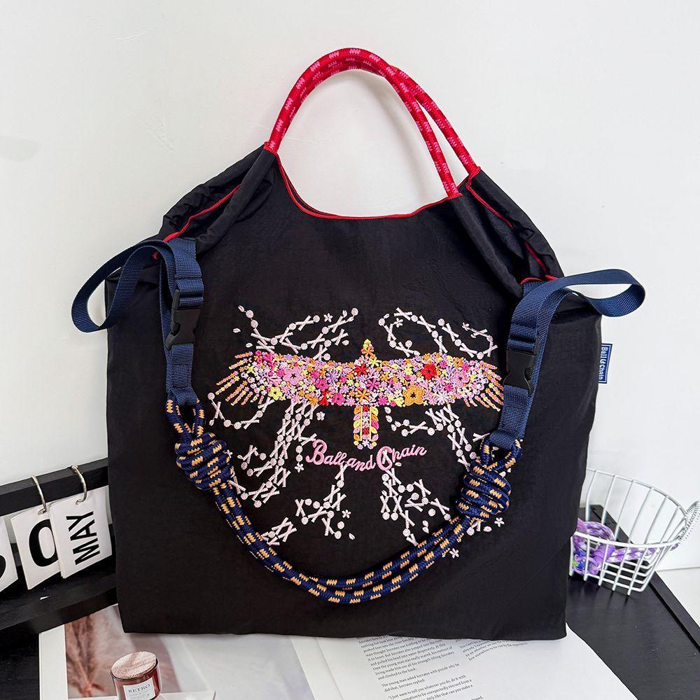 Large Capacity Embroidered Eco Nylon Shopping Tote - Versatile Shoulder/Handheld/Crossbody Bag