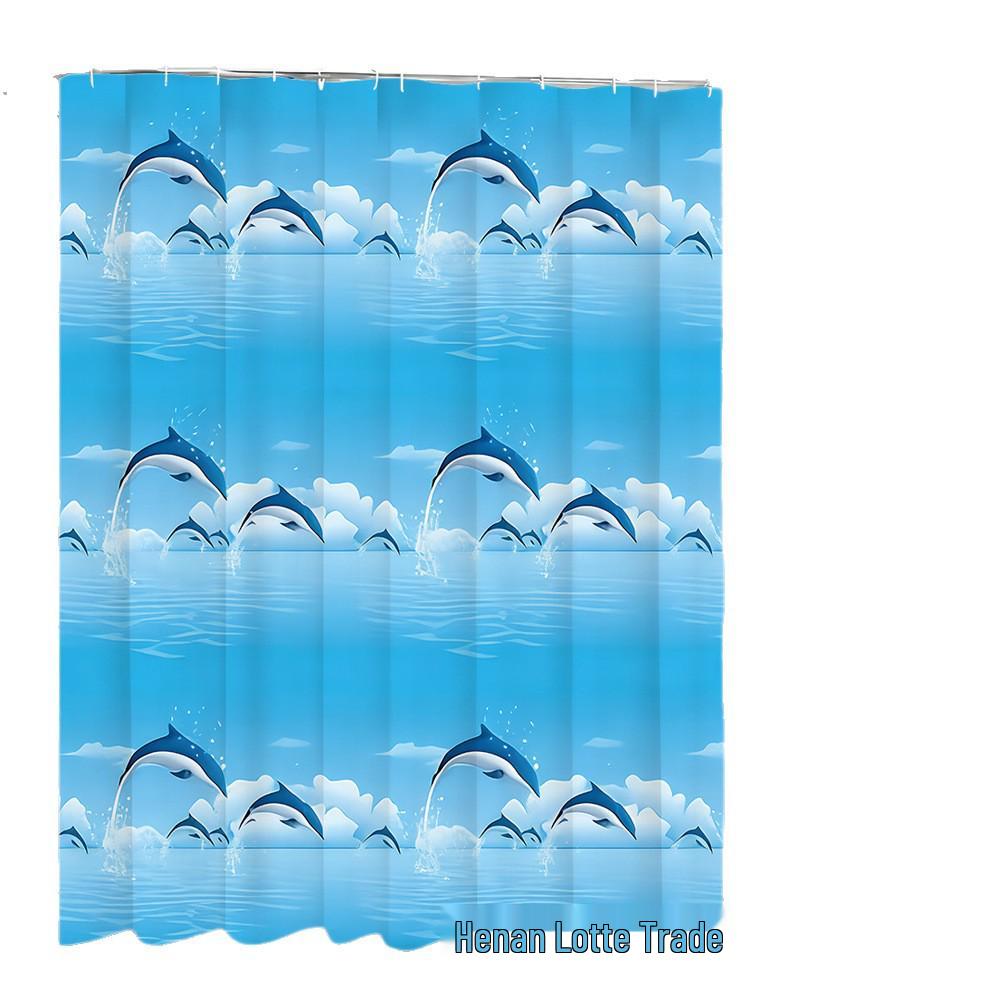 Blue Dolphin Pattern Waterproof Polyester Shower Curtain with 12 Hooks