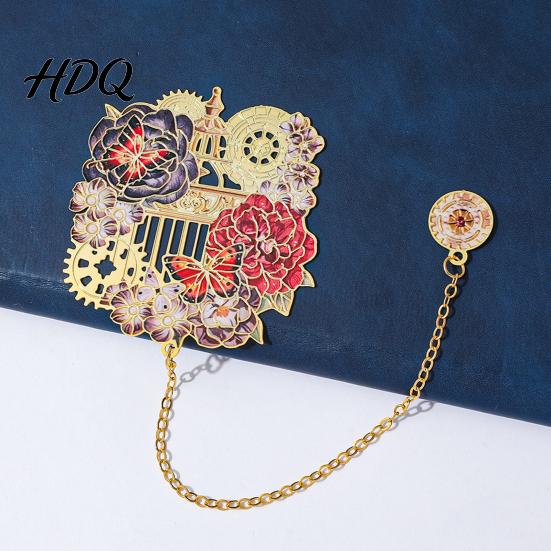 Aesthetic Bookmark Retro Flower Clock with Chain Metal Decorative Book Mark