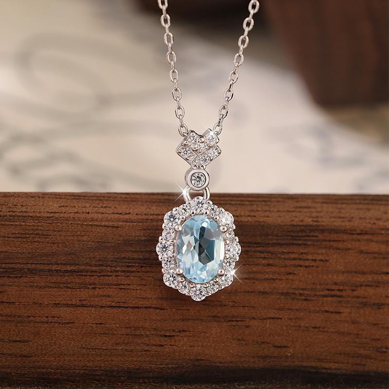 S925 Sterling Silver Necklace For Women Inlaid Natural Aquamarine Korean Ins Style Light Luxury High Grade Versatile Fashion Fine Jewelry