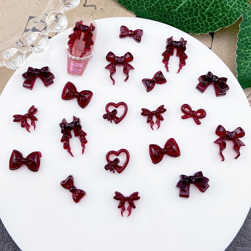20Pcs Wine Red Resin Bow Nail Charm Bulk Mix Size 3D Ribbon Bowkont Mini Kawaii Nail Art Accessories Diy Cute Nails Decorations