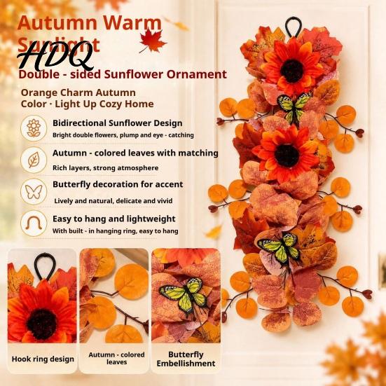 Fall Sunflower Garland with Butterflies Artificial Wall Hanging Maple Leaf Butterfly Autumn Harvest Decoration for Hanging Wreath Indoor Outdoor
