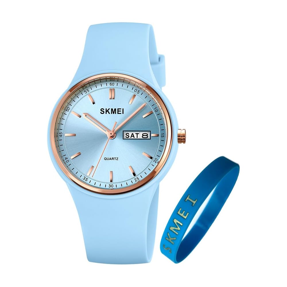 SKMEI Women s Casual Silicone Waterproof Sports Watch Light Blue Simple Design with Date and Day Display