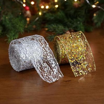 2M Funkelndes Netz-Weihnachtsband Elegante Glitzer-Pailletten DIY Geschenk-Schleife Satin Organza Hochzeits-Dekorationsband