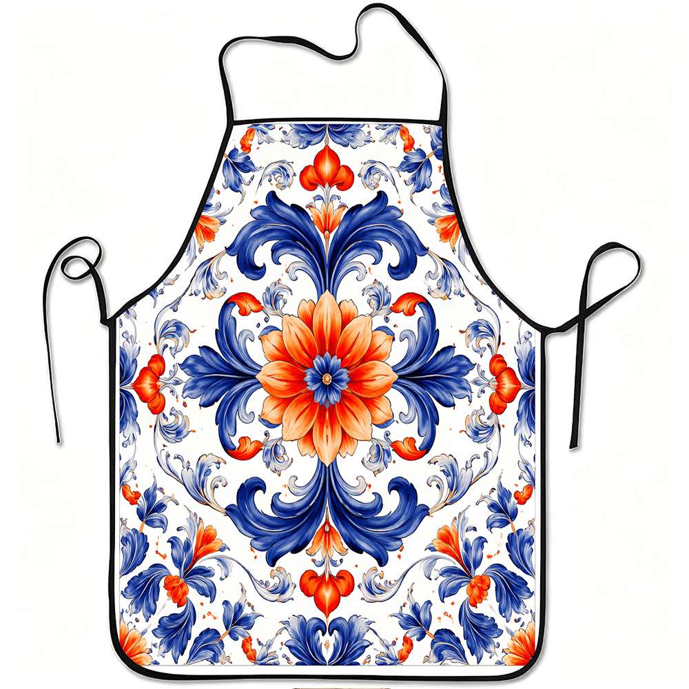1pc of Apron Featuring a Blue And Orange Floral Design, Made from Durable And Easy-To-Clean Polyester, with an Adjustable Waistband, Suitable for Cook