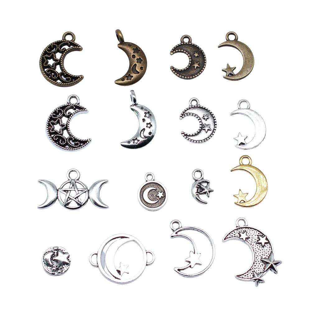 20pcs Star And Moon Charms For Jewelry Making Antique Bronze Silver Color Pendants Making DIY Handmade Tibetan Finding Jewelry