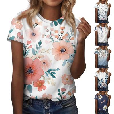 Women's Fashion Casual Flowers Printed Round Neck Short Sleeve Top Blouse