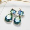 Two-Tier Square Emerald Cut & Water Drop Bi-Color Tourmaline Simulant Crystal Gold Dangle Earrings Banquet Accessories