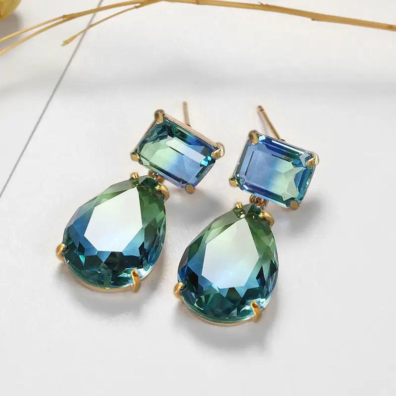 Two-Tier Square Emerald Cut & Water Drop Bi-Color Tourmaline Simulant Crystal Gold Dangle Earrings Banquet Accessories