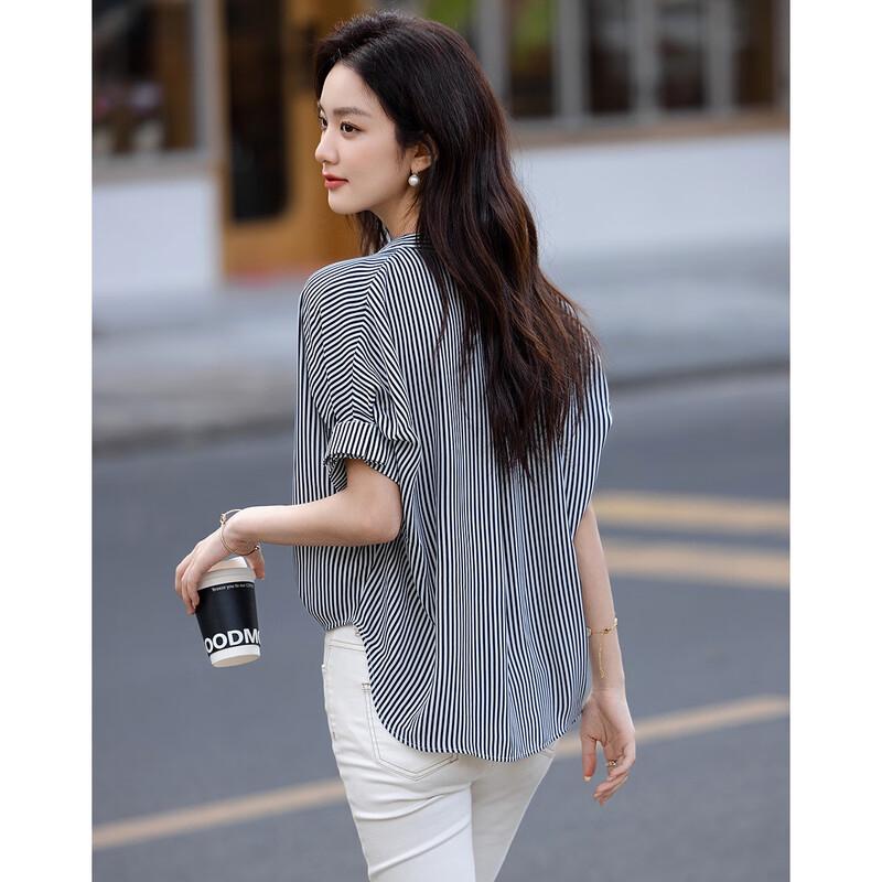 Women's 75D Chiffon Striped Stand Collar Shirt