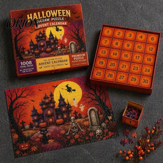 Kids Countdown Calendar 1008Pcs/Set Halloween Jigsaw Puzzle Advent Calendar, 30 Days Haunted Nightmare House Puzzle, Educational Toy Box for