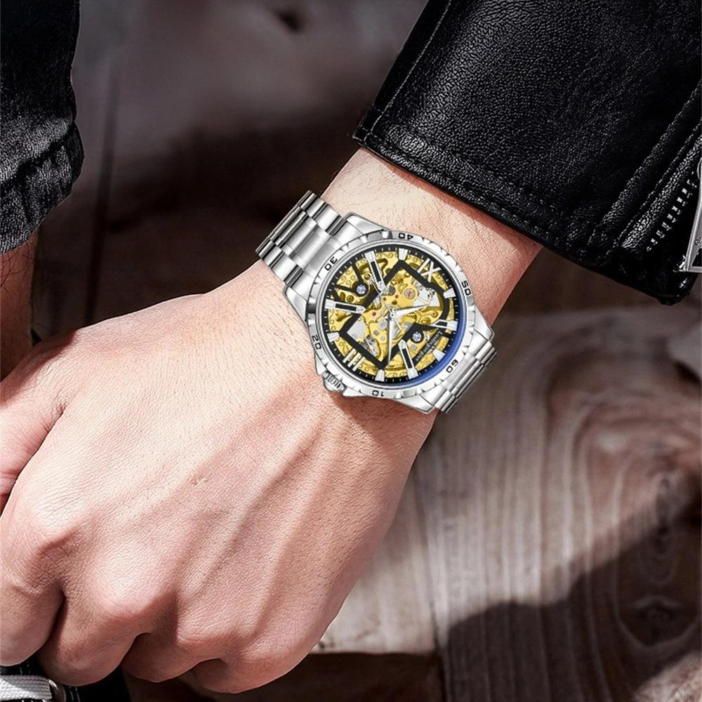 New Luxury Skeleton Automatic Mechanical Watch for Men Luminous Hands Stainless Steel Strap Retro Business Watches