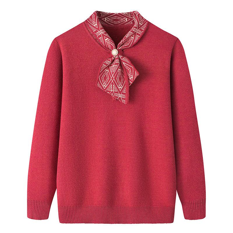 

Одежда для женщин среднего и пожилого возраста на осень и зиму, вязаная базовая рубашка с полувысоким воротником, утолщенный пуловер для мамы с добавлением бархата M