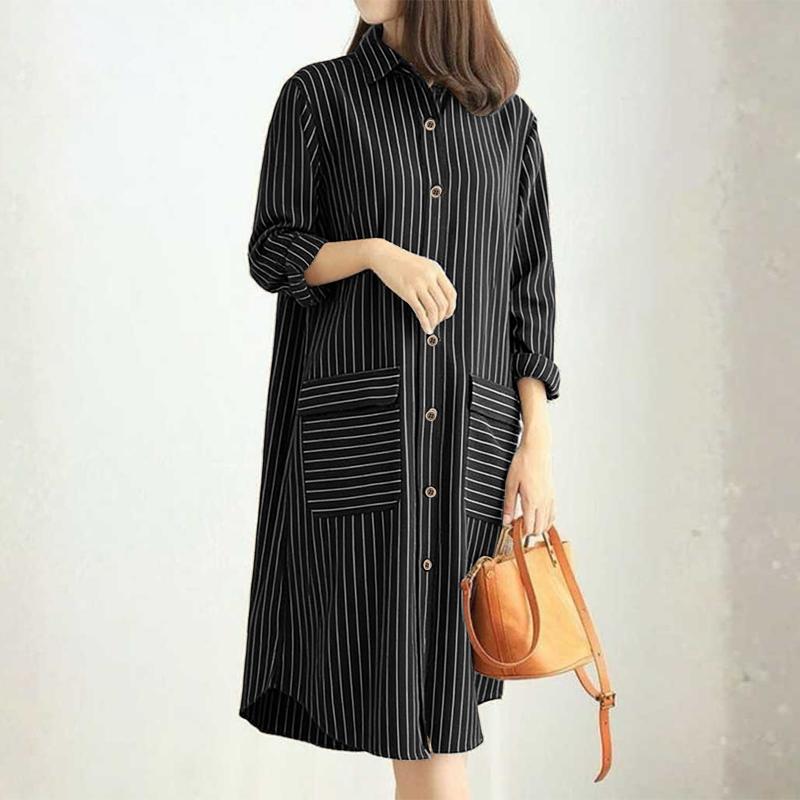 ZANZEA Dámské ležérní pruhované šaty košilového střihu s dlouhým rukávem a límcem
