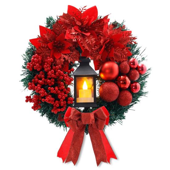 Large Christmas Wreath with Bow Ribbon Christmas Balls Lighted Artificial Pine Branches