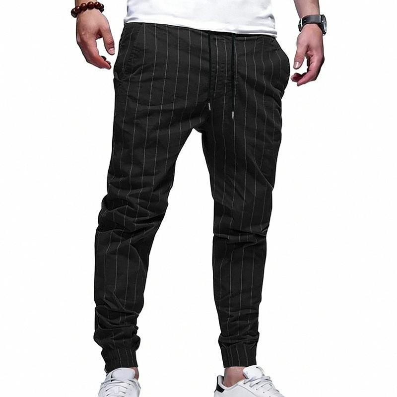 Mens Loose Casual Linen Striped Jogger Pants Straight Leg Commuter Trousers