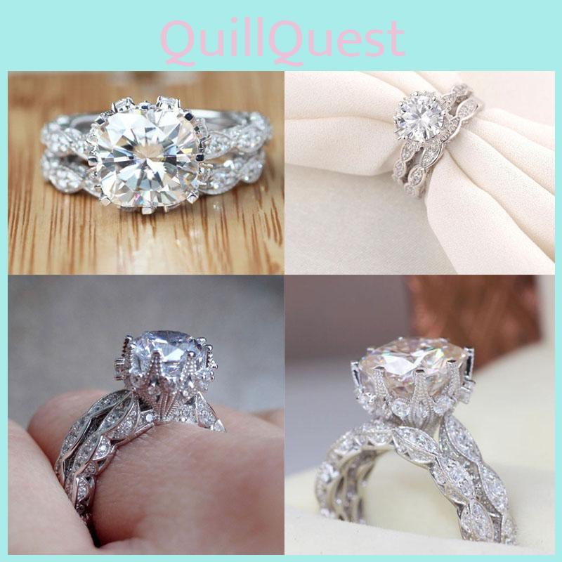 Elegant Antique Style Round White Sapphire Silver Plated Engagement Crown Ring Set