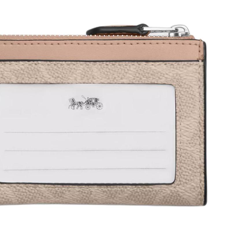 Coach Skinny Id Case Logo Metal Zipper Closure Faux Leather Card Holder Regular Women's Sand Sand Color