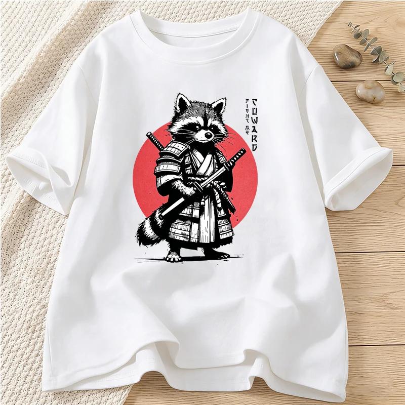 

Samurai Raccoon Print T Shirt for Women Unisex Summer Vintage Casual Fashion Loose Streetwear Tops Crew Neck Short Sleeve Tees XL