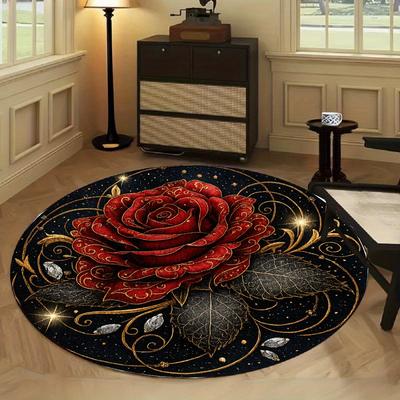 Luxury Red Rose Gold Round Rug, Black Starry Background with Diamond Patterns for Living Room Bedroom Elegant Decor