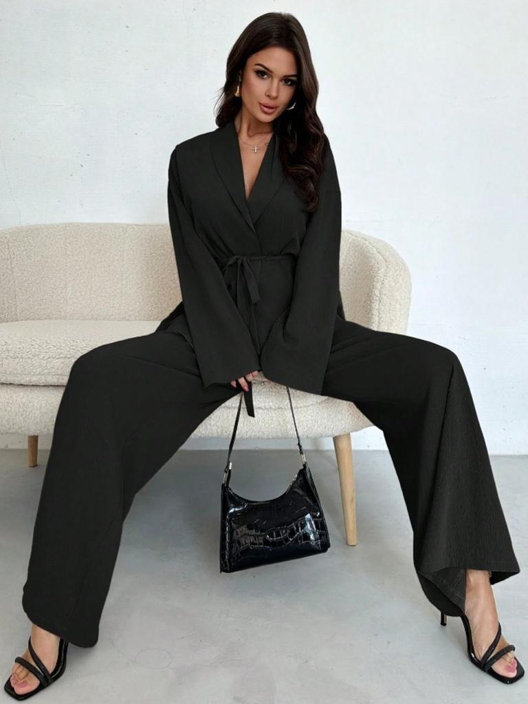 Fall Winter Fashion V-Neck Women's Elegant Long Sleeve Wide Leg Pantsuit