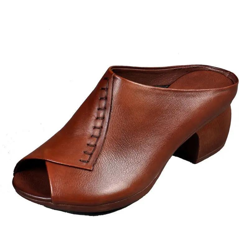 Summer 2025 Retro Thick Heel Outer Wear Slippers Fish Mouth Shoe Middle Heel Soft Leather Middle-aged Mother Comfortable Shoes