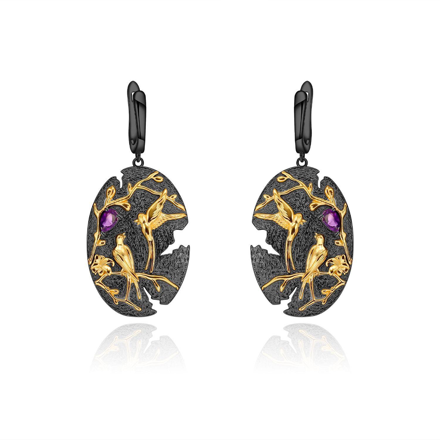 Оригинальные дизайнерские высококачественные серьги в национальном стиле, серьги из серебра 925 пробы с цветным разделением, гальванические серьги из натурального аметиста