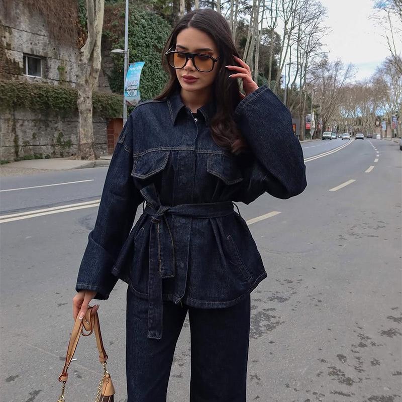 Spring/Summer 2025 Belted Denim Turn-down Collar Long-sleeve Pants Set