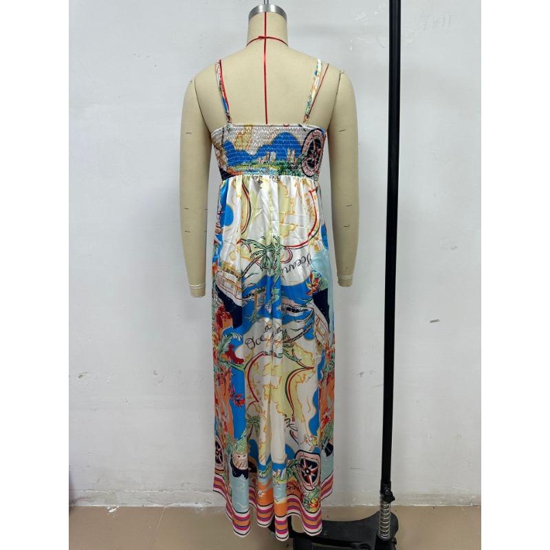 Letní dámské šaty s vysokým pasem, potiskem a halterovým stylem