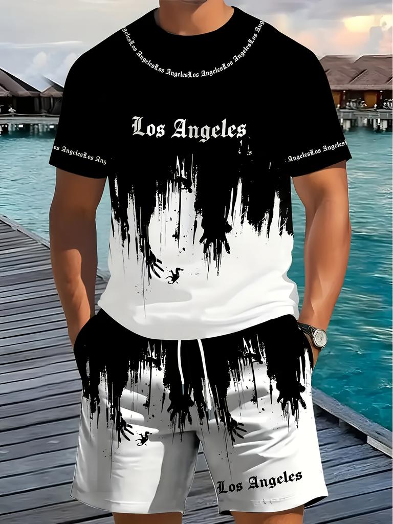 Men 2Pcs Los Angeles Letter Print T-shirt Shorts Set Summer Casual Outfit