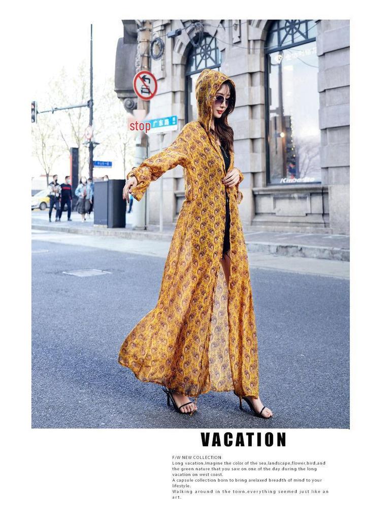 Hooded Beach Print Chiffon Cardigan for Women – Flowy, Breathable, Sun Protection Cape