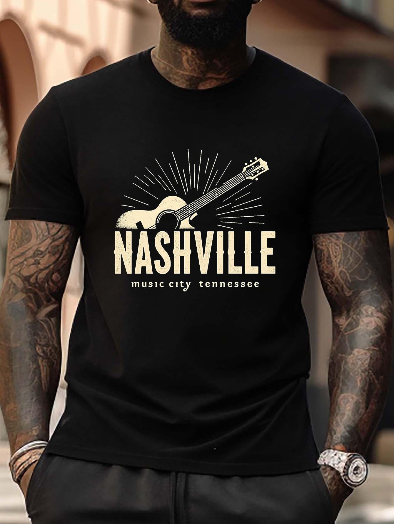

Plus Size Nashville Music City Guitar Graphic T-shirt - Black Casual Short Sleeve Tee with Sunburst Design M