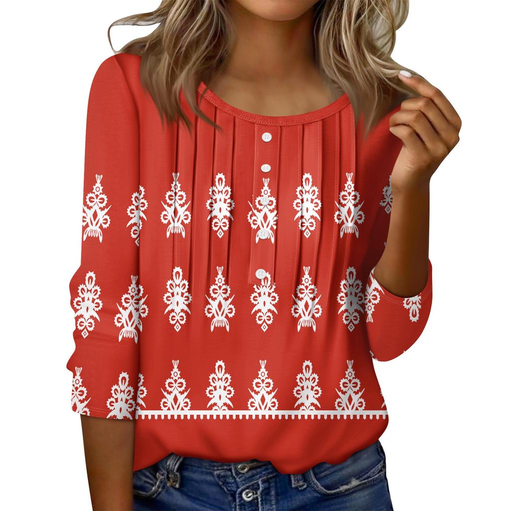Women's Round Neck Pull Stripe Decorative Button Top Casual Solid Color 3/4 Sleeve T Shirt