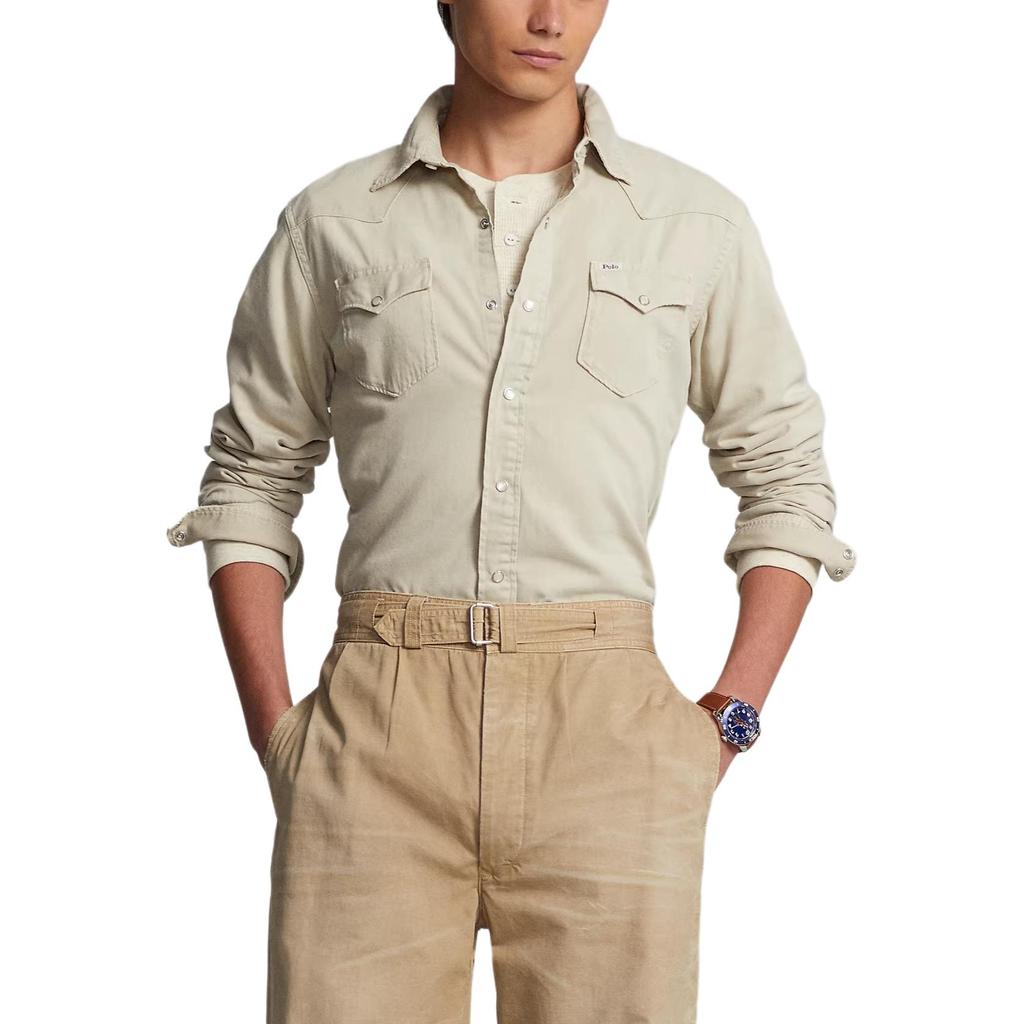 Polo Ralph Lauren Effen Kleur Enkele Rij Knopen Losse Casual Lange Mouwen Shirt Heren shirts Kaki 710907358-003